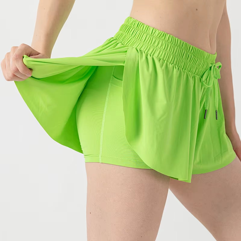 2 in 1 Flowy Sports Shorts Women Running Short Butterfly Tennis Skirt with Pockets Gym Yoga Athletic Biker Spandex Skirts Summer