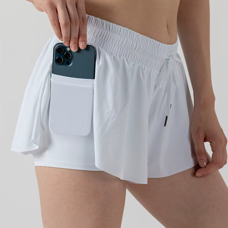 2 in 1 Flowy Sports Shorts Women Running Short Butterfly Tennis Skirt with Pockets Gym Yoga Athletic Biker Spandex Skirts Summer