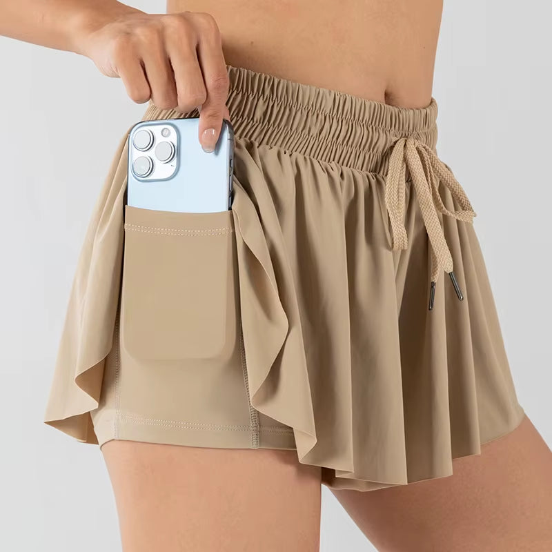 2 in 1 Flowy Sports Shorts Women Running Short Butterfly Tennis Skirt with Pockets Gym Yoga Athletic Biker Spandex Skirts Summer