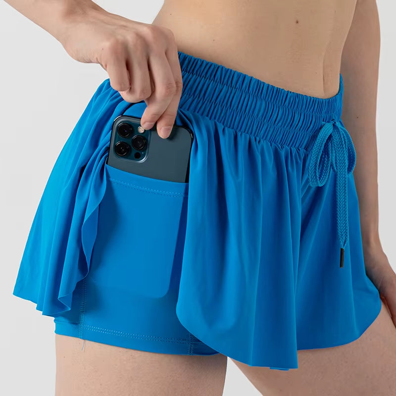 2 in 1 Flowy Sports Shorts Women Running Short Butterfly Tennis Skirt with Pockets Gym Yoga Athletic Biker Spandex Skirts Summer